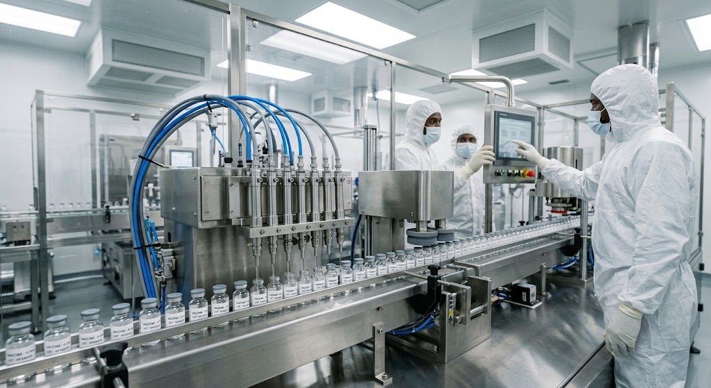 Technicians operating a vaccine fill-finish line in a cleanroom