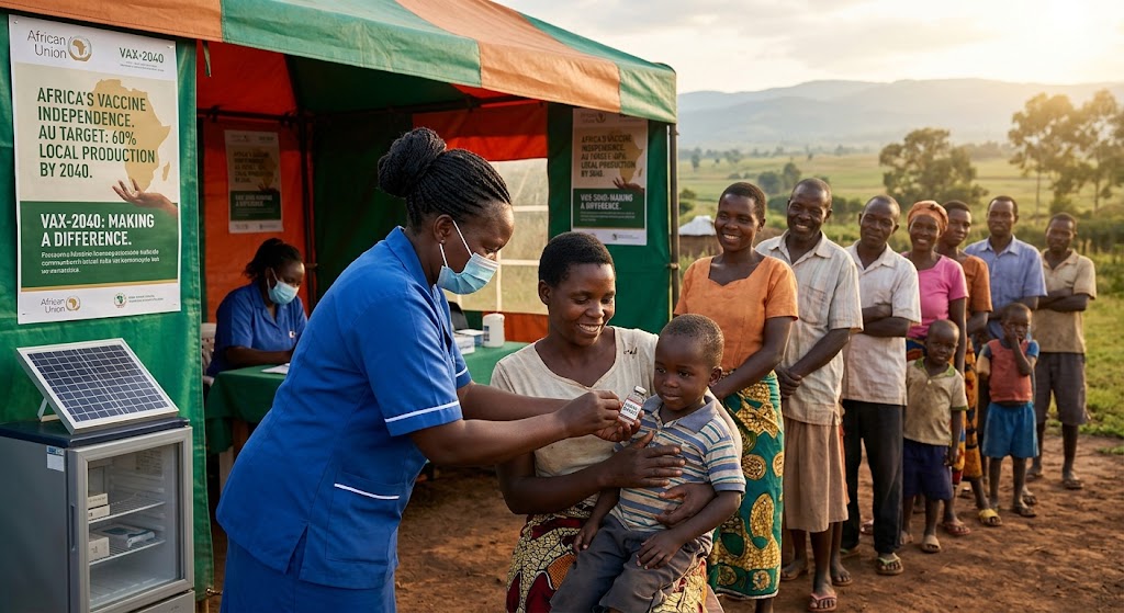A nurse vaccinating a child at a rural outreach clinic as families wait in line