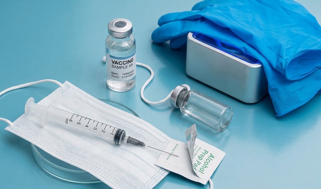 Vaccine vial, syringe, mask and gloves laid out on a clinical work surface